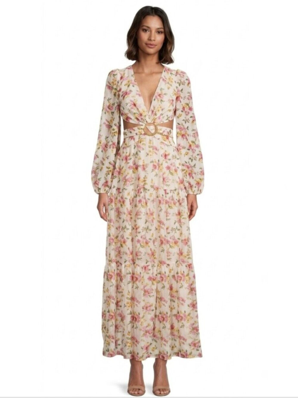 Lillian Floral Print Long Sleeve Deep V-Neck Cut-Out Tiered A-Line Dress